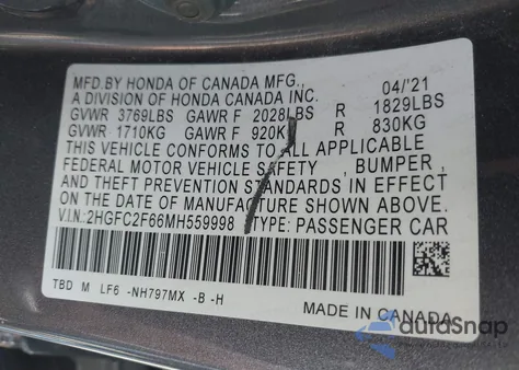 2021 Honda Civic Lx from USA, damaged, VIN 2HGFC2F66MH559998